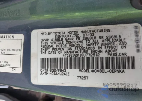 2003 Toyota Camry Le from USA, damaged, VIN 4T1BE32K13U772512